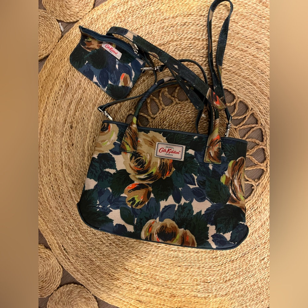 Cath Kidston Deep Blue Embossed Oxford Rose Tote Bag/Cross Body Bag/Shoulder Bag